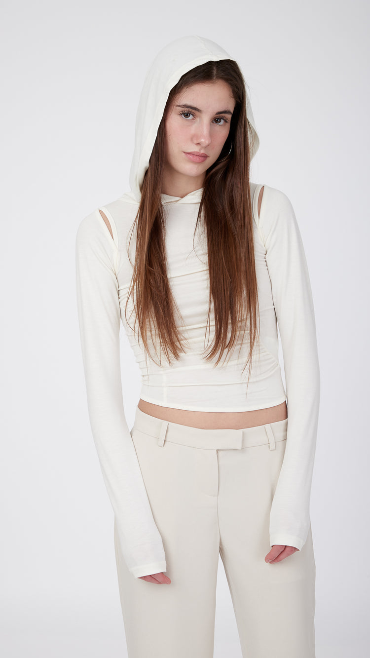 Ivory Cut-Out Shirring Hoodie
