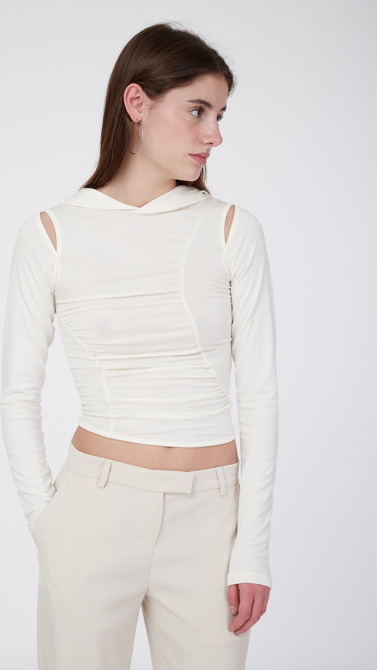 Ivory Cut-Out Shirring Hoodie