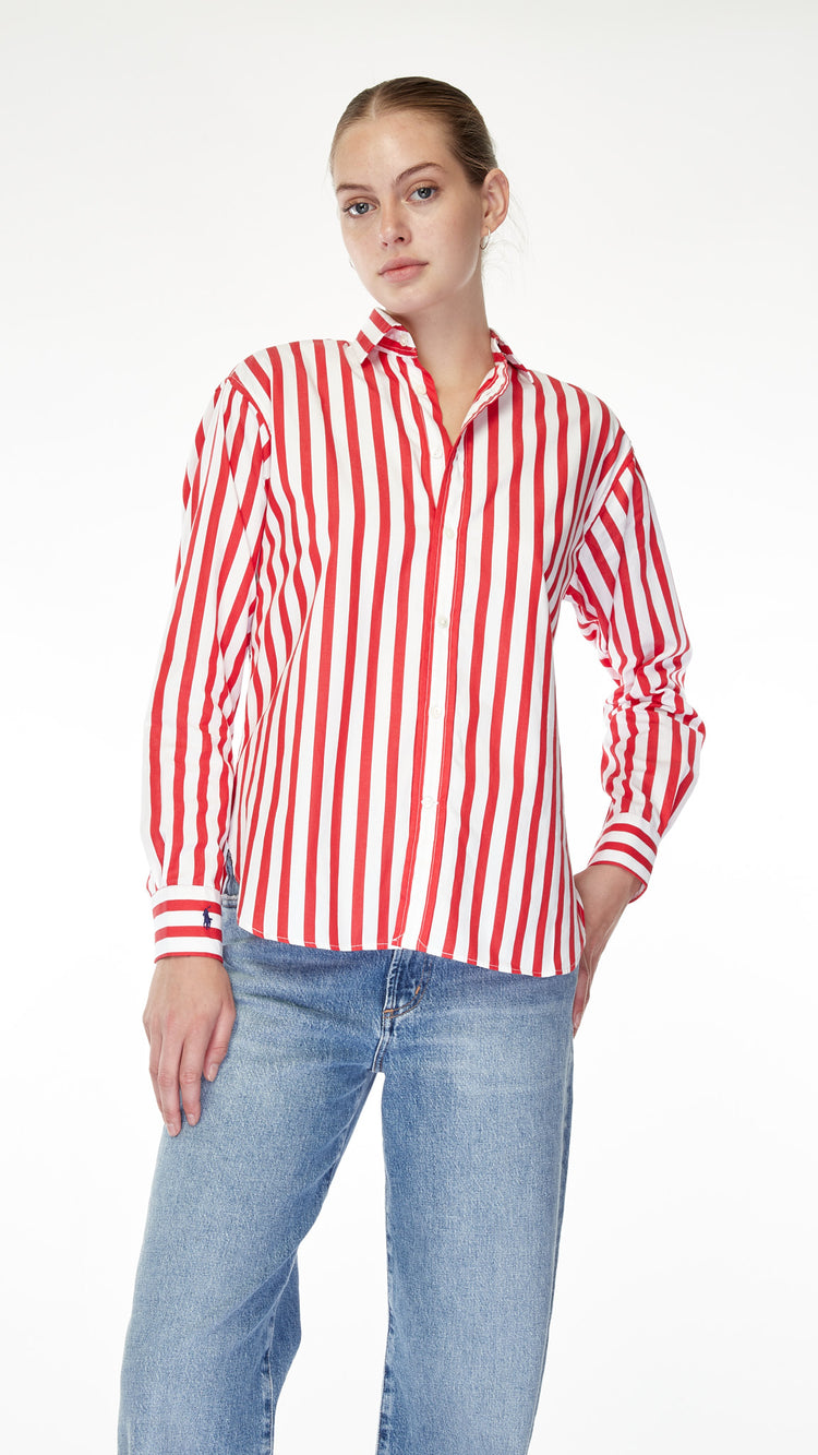 Red White Relaxed Stripe Cotton Shirt