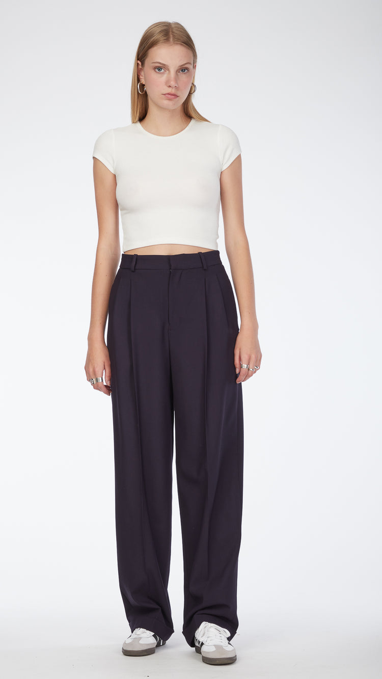 Navy Stretch Wool Pleated Pant