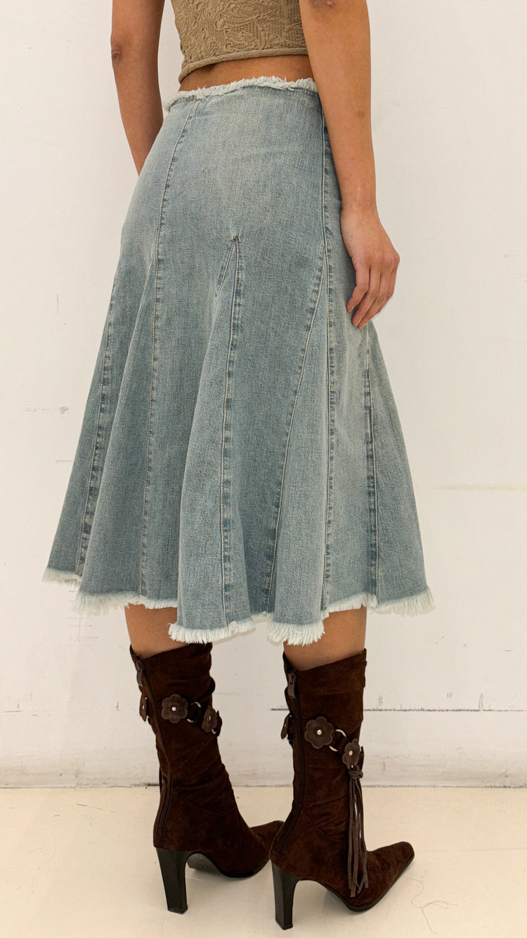 Lt. Vintage Godet Denim Midi Skirt