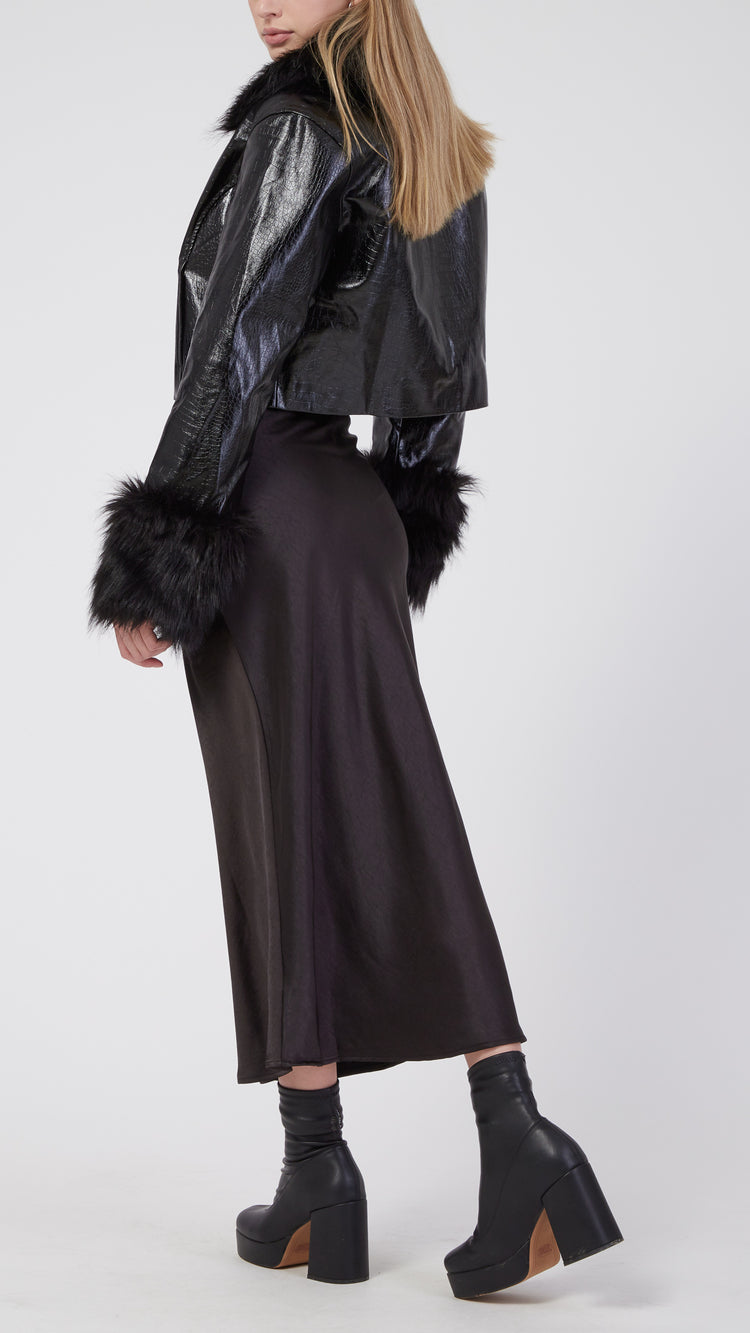 Black Monica Satin Midi Skirt