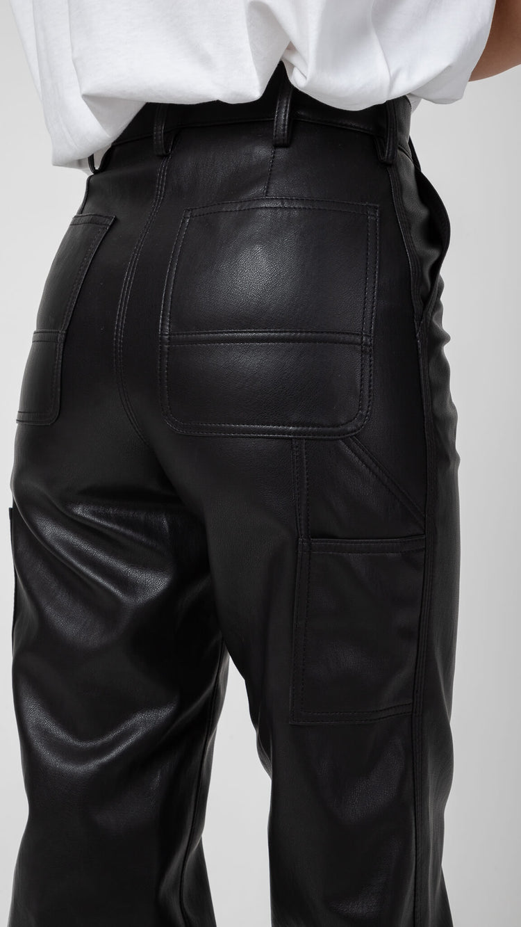 Black Faux Leather Out Pocket Pant