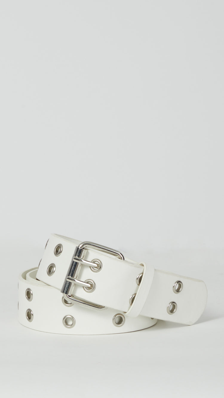 White Double Pin PU Leather Belt